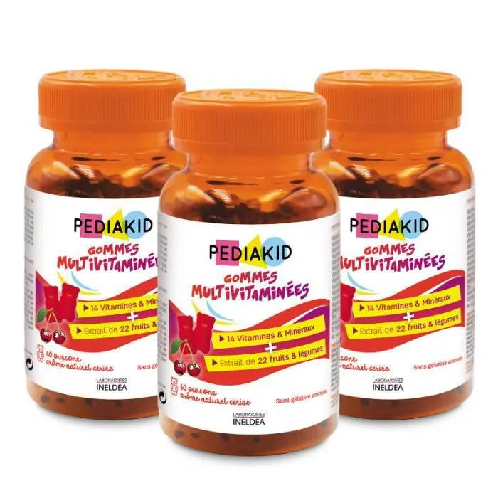 Lot de 3 PEDIAKID Gommes Multivitaminées - Complément Alimentaire Enfant Immunité - 14 vitamines & Minéraux - Gout Cerise-0