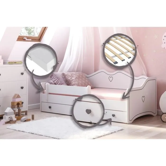 Lit enfant pour une fille EMMA 80x160 avec matelas + sommier + tiroir en blanc-3