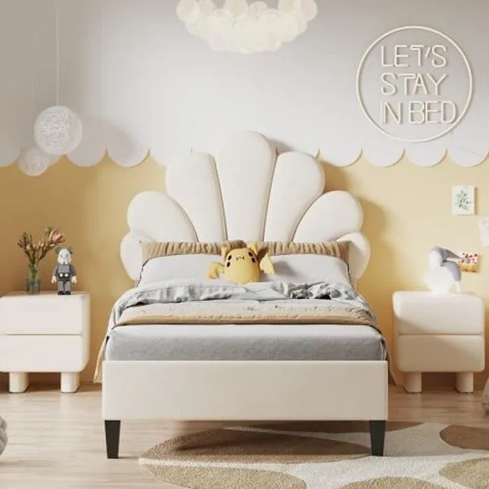 Lit d'enfant - cadre de lit avec tête de lit en forme de fleur et sommier à lattes, len velours doux pour la peau, beige,90 x 200 cm-0