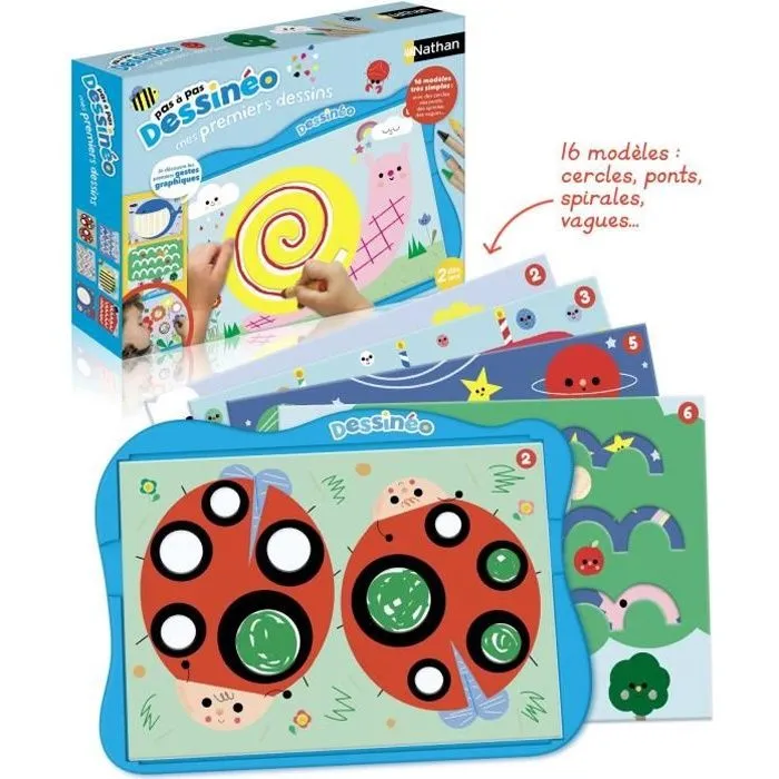 Jeu de loisirs créatifs - NATHAN - Dessinéo premiers dessins - 16 modèles évolutifs - A partir de 2 ans - Bleu-0
