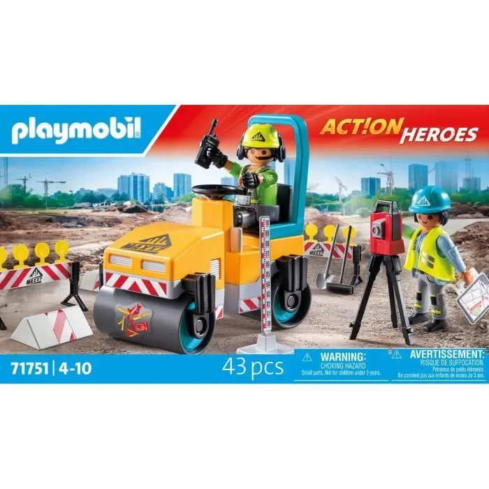 PLAYMOBIL 71751 Ouvriers avec rouleau compresseur et signalisation, Action Heroes, La construction, 43 pièces, Dès 4 ans-6