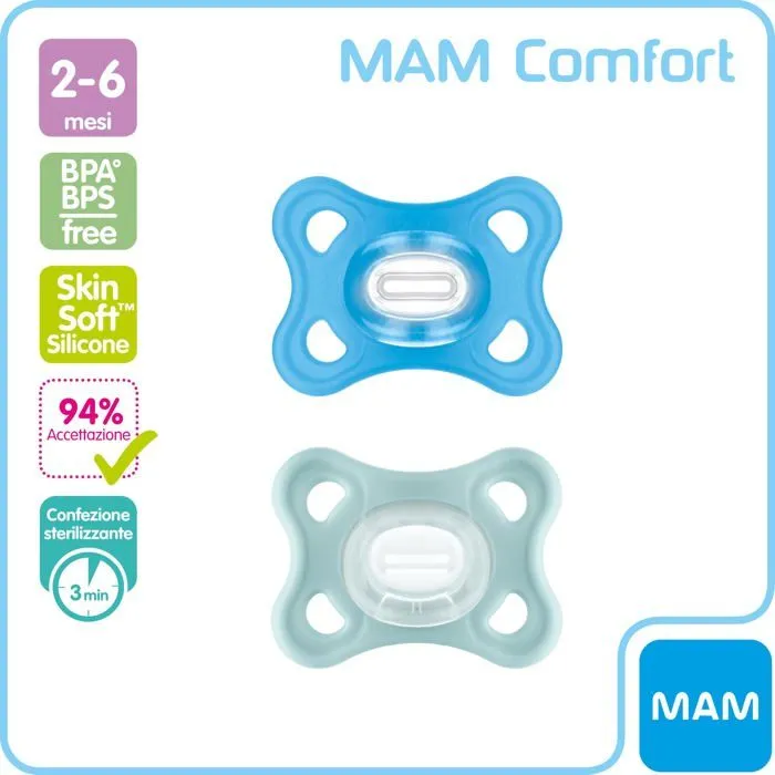 Tetine Mam Comfort Sucette en lot de 2, 100% silicone, avec etui porte-sucette, 2 a 6 mois, bleu clair-1