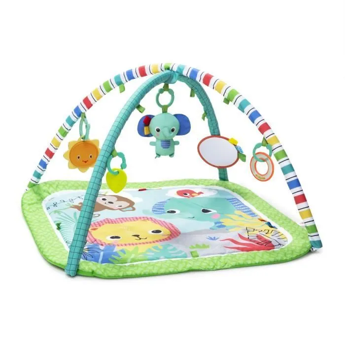 BRIGHT STARTS Tapis de sol éveil bébé évolutif pliable- Jungle Vert- arche avec jouets sensoriels et musicaux, miroir-0