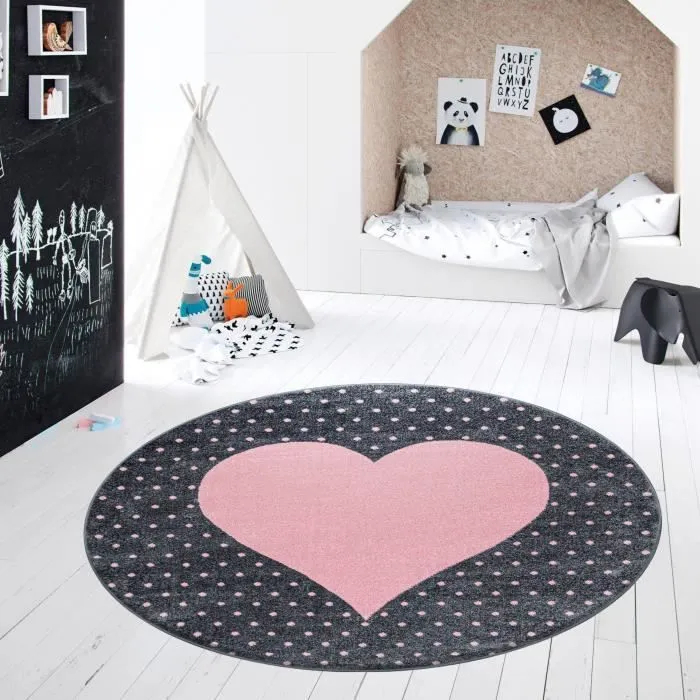 Tapis enfant rond - AYYILDIZ - COEUR - 120x120cm - Rose - 100% Polypropylène-0