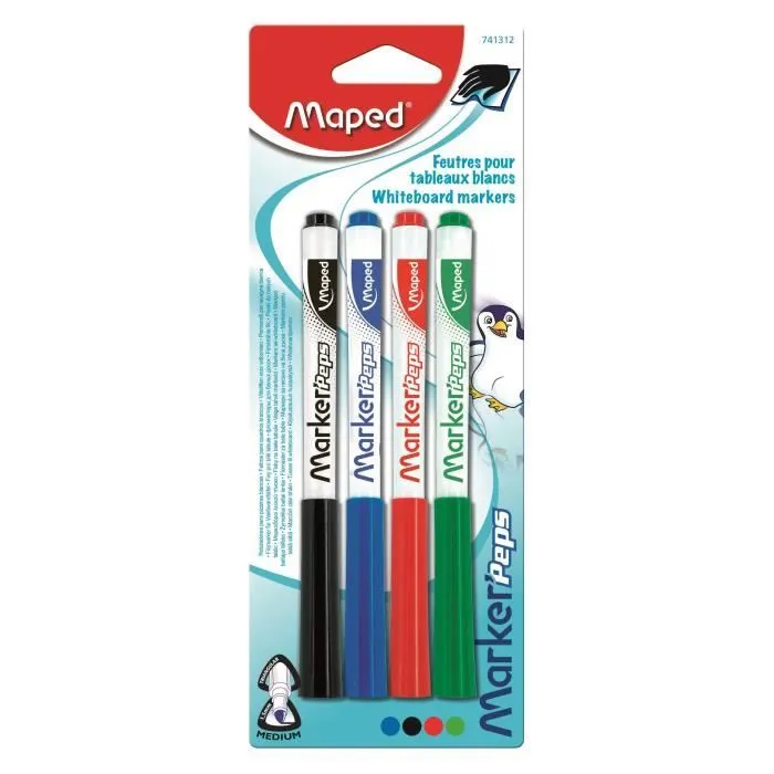Lot de 4 Marqueurs Effaçables à Sec - Maped - Pour Ardoises et Tableaux Blancs - Noir, Bleu, Rouge, Vert-0