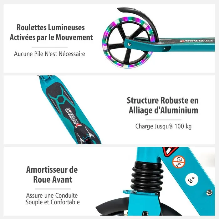 COSTWAY Trottinette Pliable pour Enfants 2 Roues Eclairée avec Barre en T 3 Hauteurs Réglables Plateau Antidérapant 100KG Vert-4