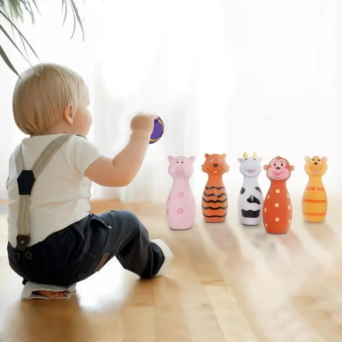 LUDI - Jeu de 5 quilles en forme d'animaux. Dès 10 mois. Plastique souple et résistant. Balle adaptée aux petites mains.-2