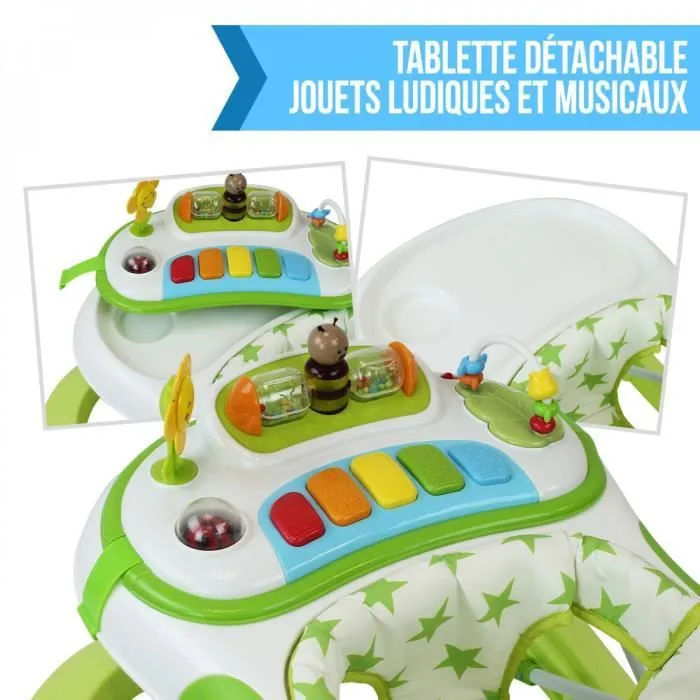 Trotteur bébé évolutif musical pliable réglable en hauteur - Vert - Monsieur Bébé-1