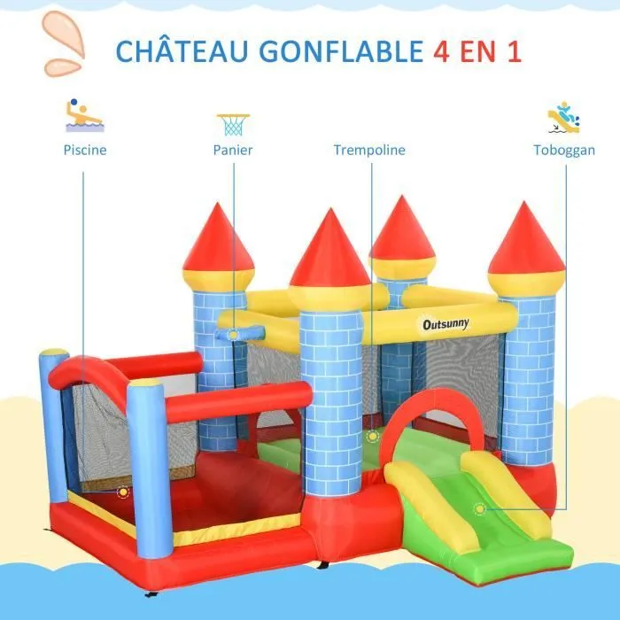 Château gonflable enfant - Outsunny - toboggan, trampoline, piscine, panier - dim. 2,8L x 2,6l x 2,1H m-3