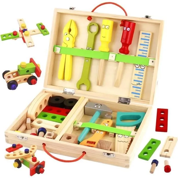 34 Pcs Boîte à Outils en Bois - Jeu de Construction Bricolage - Jeux Educatif  - Jeux Montessori pour Enfant 2+ Ans Garçons Filles