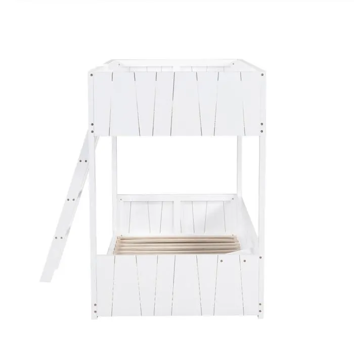 Lit superposé avec échelle à trois marches, design de la barrière de sécurité, cadre en bois massif, pin + MDF, blanc, 90x200 cm-4