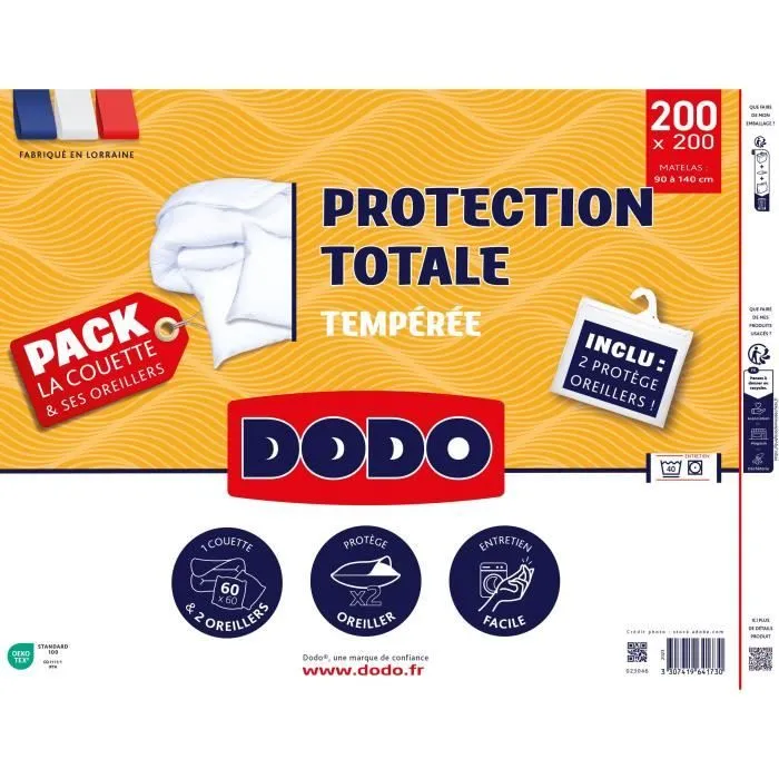 Pack couette 220x240 cm + 2 oreillers 60x60 cm + 2 protèges oreillers 60x60 cm - garnissage 100% Polyester - 350g/m² - blanc - DODO-3