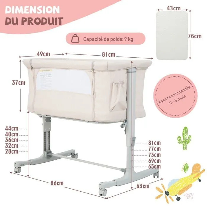 COSTWAY Lit Cododo Bébé à 5 Hauteurs Réglables, Charge 9KG, Lit Berceau Maille Respirante Sac de Voyage pour Bébé 0-6 Mois, Beige-5