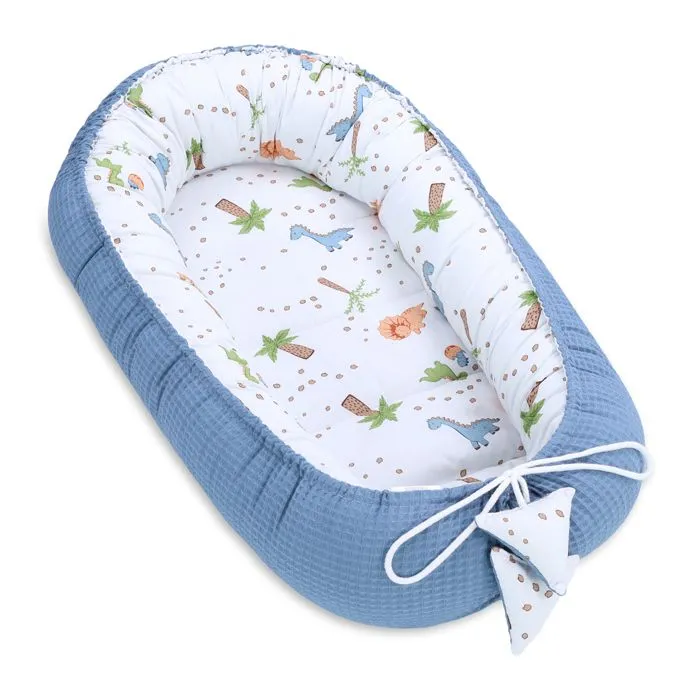 Nid d'ange pour nouveau-né 90x50 cm - TOTSY BABY - Cocon en Coton Gaufre - Bleu Dinosaure-0