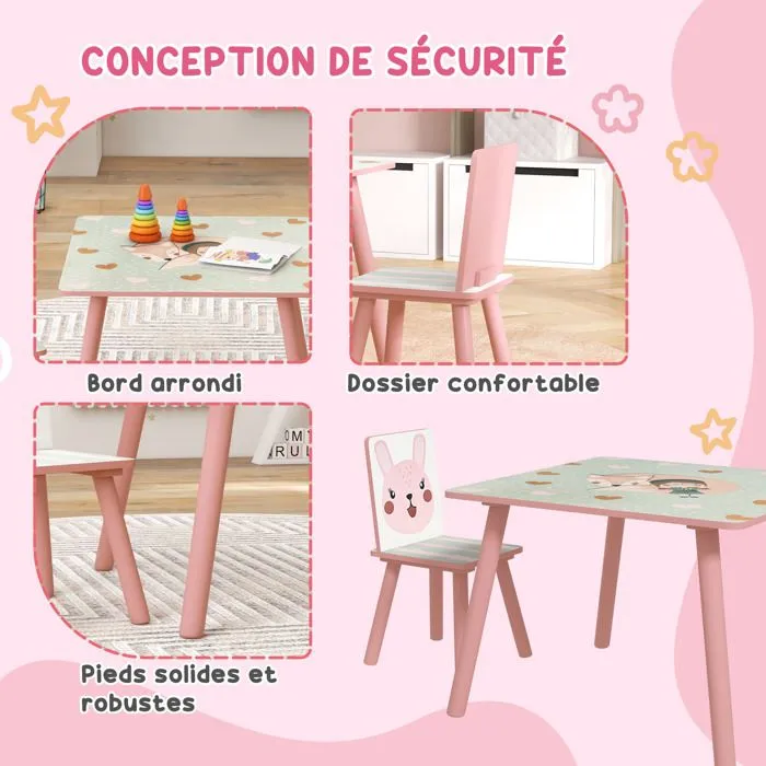 Ensemble table et chaises pour enfants - ZONEKIZ - motif animaux - pour chambre à coucher salle de jeux - pieds en bois - rose-5