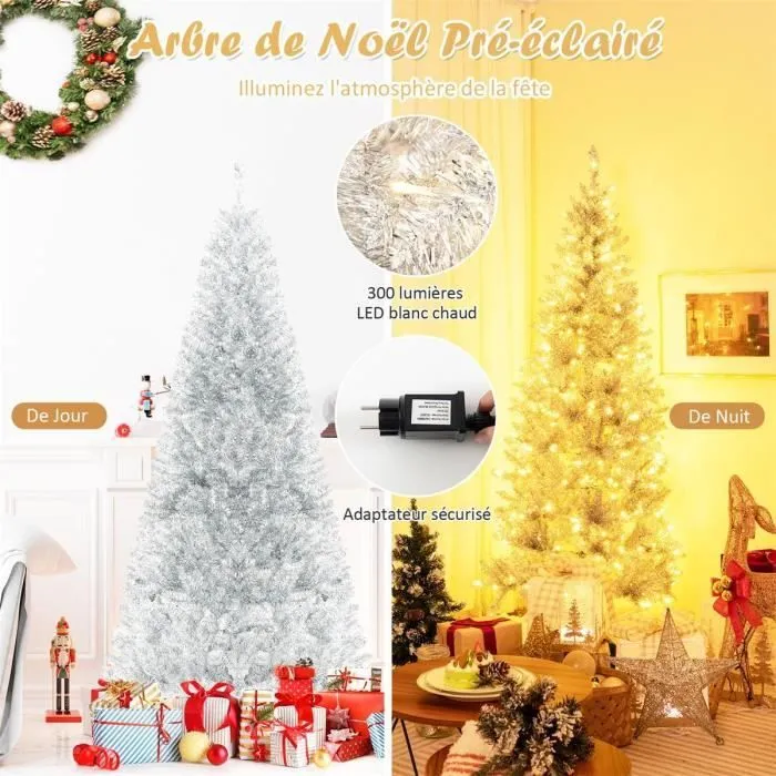 COSTWAY Sapin de Noël Artificiel 180 cm 790 Pointes de Branches PVC avec Film Argentées Brillantes 300 Lumières LED Blanc Chaud-2