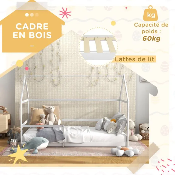 Lit cabane enfants 90x190 cm AIYAPLAY lit enfants lit maison enfant avec protection antichute, sommier à lattes et toit blanc-4