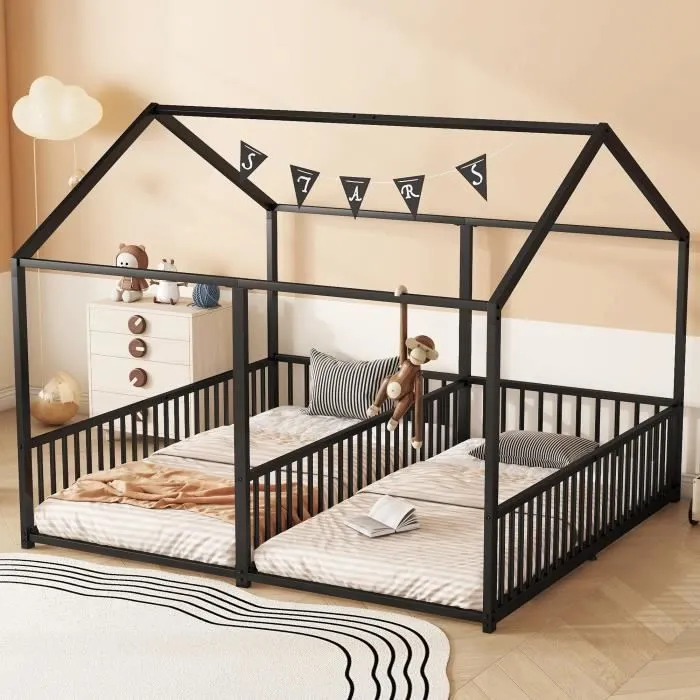 Lit cabane enfant - DREAMMESPACE - 90x200cm - Métal noir - 2 places - Balustrade de sécurité-0