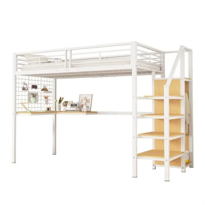 Lit mezzanine - Marque non spécifiée - 90x200cm - Acier + MDF - Blanc - Armoire intégrée-2