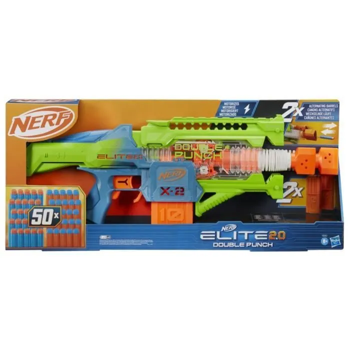 Nerf Elite 2.0 Double Punch Blaster motorisé, canons alternatifs Rapides, 50 fléchettes Nerf Elite, 2 chargeurs 10 fléchettes, dès 8-7