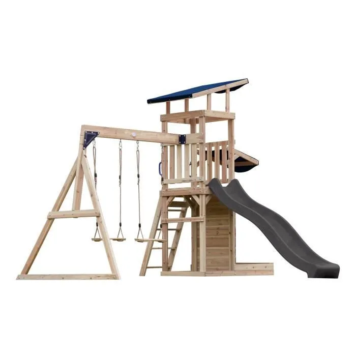 AXI Malik Aire de Jeux en Bois avec 2 Balançoires, Toboggan Gris/ Aire de Jeux Extérieur avec Bac à Sable et Mûr de Jeux/Toboggan-0