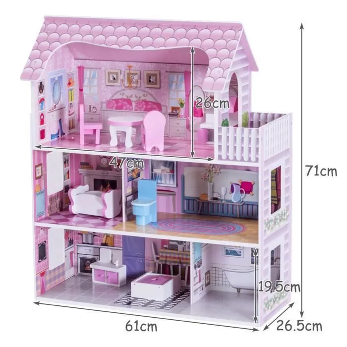 COSTWAY Maison de Poupée en Bois - 13 Accessoires à 3 Etages 61 x 26,5 x 71 CM Cadeaux pour Enfants 3 Ans+ Rose.-2