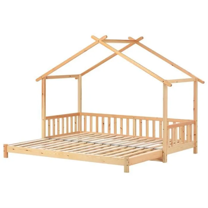 Lit Cabane Extensible - DREAMMESPACE - 200x90cm - Bois Massif - Pin - Naturel-2