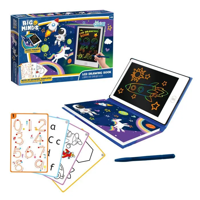 Big Minds - Tablette Dessin Enfant Lcd | Ardoise Magique Format Livre | Tablette Magique 20 Pochoirs Réversibles | Enfant 4 Ans-0