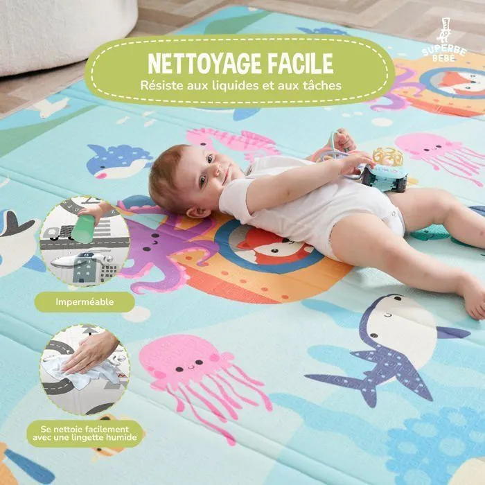 Tapis d'éveil pliable en mousse 180x150x1cm pour bébé et enfants | Tapis de jeu, de motricité épais et réversible | SUPERBE BEBE-3
