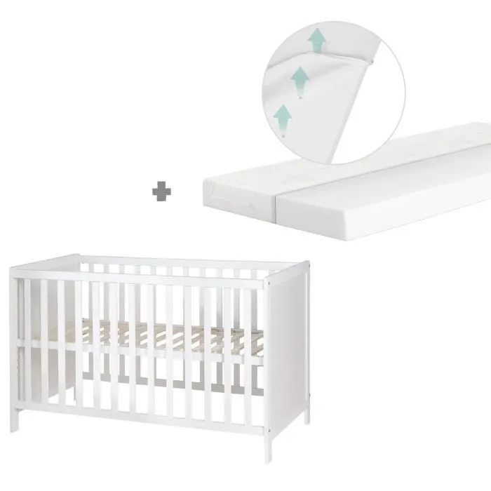 Lit Bébé 2 en 1 - ROBA - Blanc - Sommier Réglable - Matelas Inclus-0