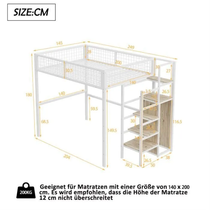 Lit mezzanine - DREAMMESPACE - 140x200cm - Blanc - Métal - Échelle de sécurité-3
