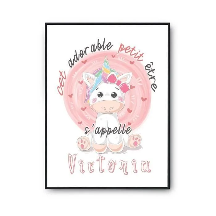 Affiche bébé prénom Victoria Licorne | Poster pour chambre bébé et enfant pour décoration murale qualité papier Premium A3-0