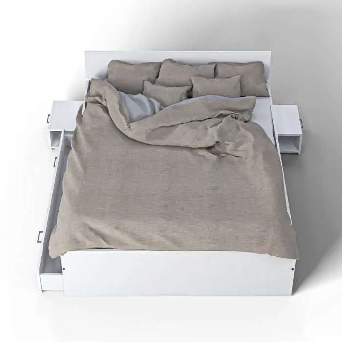 Lit TWIST 140x190 + 2 chevets + 1 tiroir / Blanc 194x144x65 cm-2
