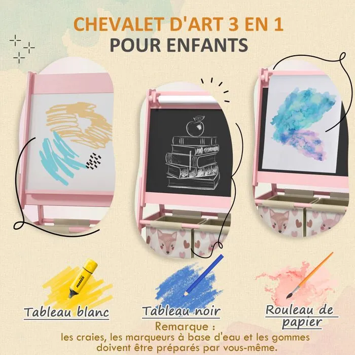 Tableau chevalet enfant - AIYAPLAY - double face - tableau blanc - tableau à craie rouleau papier - 2 paniers - rose-4