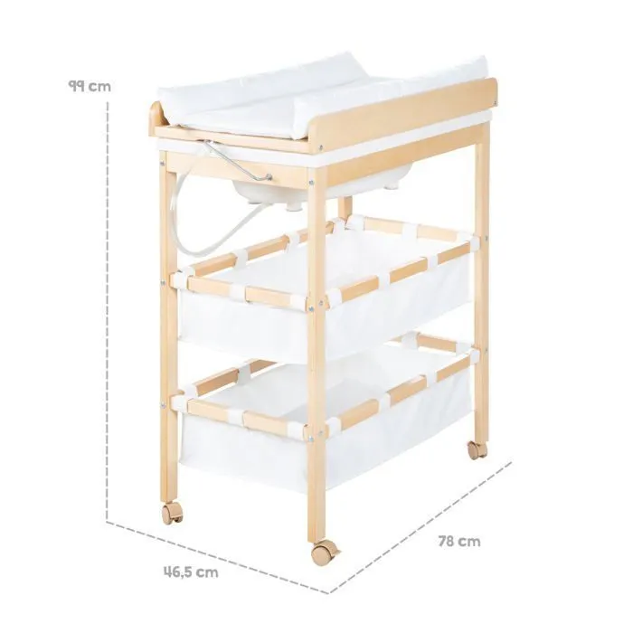ROBA Table à Langer avec Baignoire Baby Pool en Bois Naturel + Matelas à Langer Hydrofuge et Étagères en tissu - Plan Pivotable-3