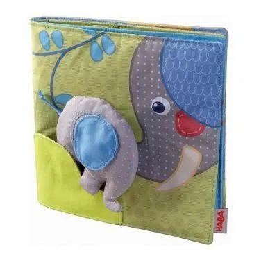 Livre en tissu bébé - HABA - Éléphant Egon - Découverte de la savane - Effets tactiles et ludiques-0