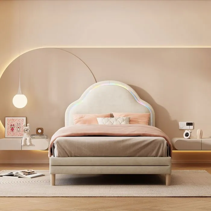 Lit simple enfant - Beige - 90x200 cm - Design nuage avec LED - Structure en bois - 1 place-0