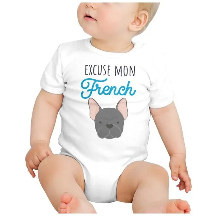Body Bébé Manche Courte Blanc Excuse mon french Chien Bulldog Français-1