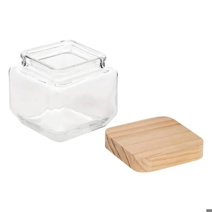 Bocal en verre carré - 5five - 0,85L - Couvercle en pin - Dimensions 11x11x10,5 cm - Poids 0,55 kg-1