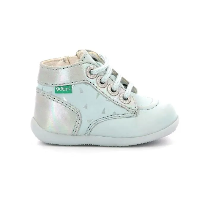 Bottines bébé fille Kickers Bonzip-2 - Cuir - Lacet + Zip - Bleu clair/plumetis