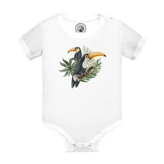 Body Bébé Manche Courte Blanc Toucan Perché Arbre Tropical Exotique Jungle Oiseau-0