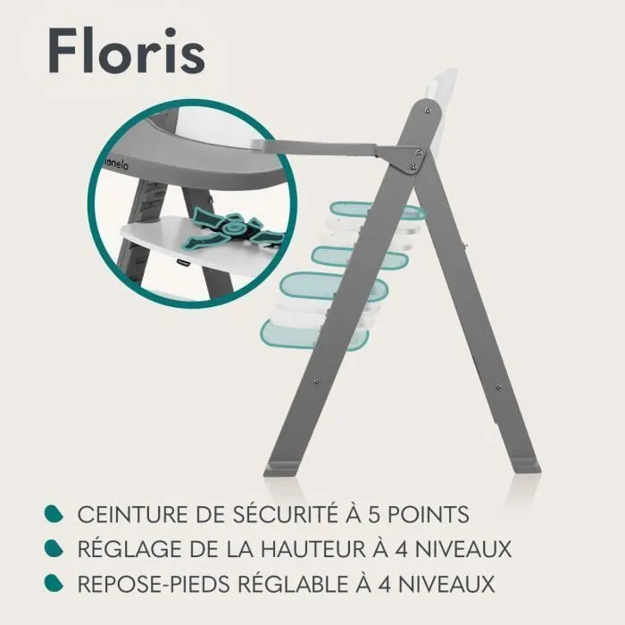Lionelo Floris Chaise haute en bois pour bébé jusqu'à 40 kg, Gris-2