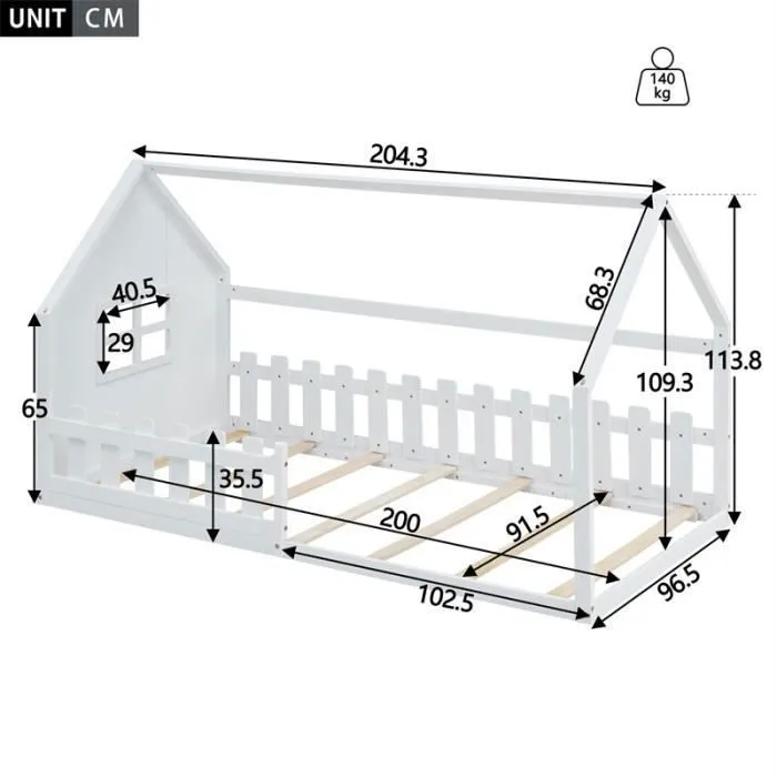 Lit cabane - Blanc - 90x200cm - Bois massif - Design maison - 1 place-3