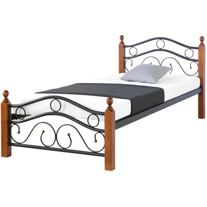 Lit - HOMESTYLE4U - 2269 - Métal bois foncé - 1 place - Sommier et matelas inclus-0