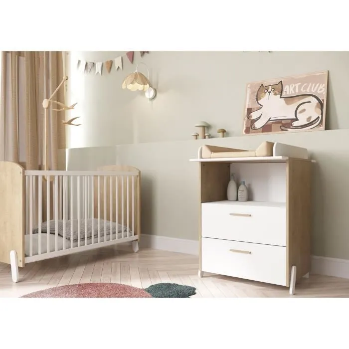 Ensemble duo 60 comprenant 1 lit à barreaux 60 x 120 cm & 1 commode à langer 2 tiroirs - NAILI - Hamilton / Blanc mat - DEMEYERE-0