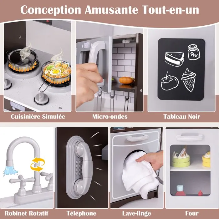 COSTWAY Cuisine d'Angle XXL pour Enfants de 3 Ans+ 8 Accessoires avec Téléphone , Machine à Glaçons, Micro-Ondes, Machine à Laver-3