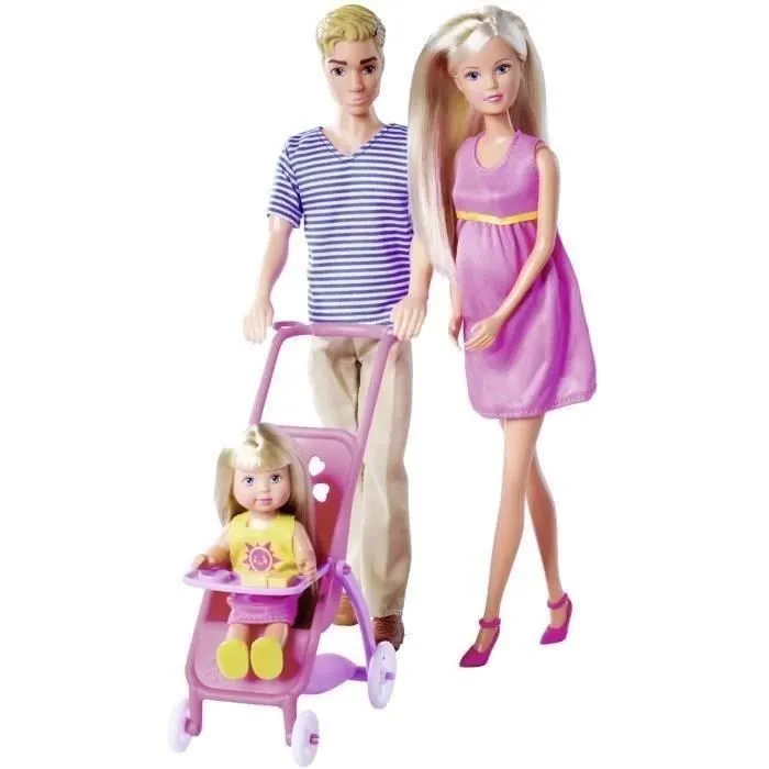 Steffi enceinte poupée 29 cm , avec Kevin 30 cm Evi 12 cm dans sa poussette 105733673 Simba Toys-0