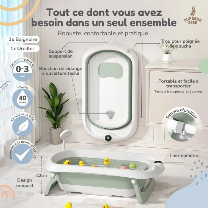 Baignoire bébé pliable - Thermomètre et coussin inclus - CLOUD - Green | SUPERBE BEBE-1