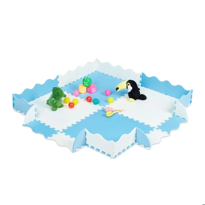 Relaxdays Tapis de sol puzzle avec bord, 120x120 dalle mousse EVA, bébé éveil, sans polluants, 24 pièces, bleu-blanc-0