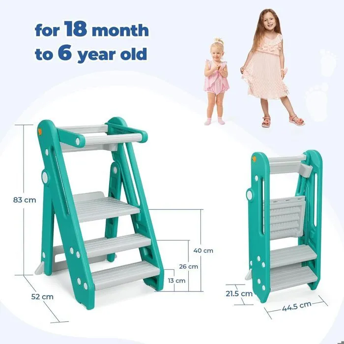 Tour d'observation Montessori Enfant, Marchepied pour Enfants réglable en Hauteur de 2 à 3 marches, Pliable, Sécurité, Vert-5